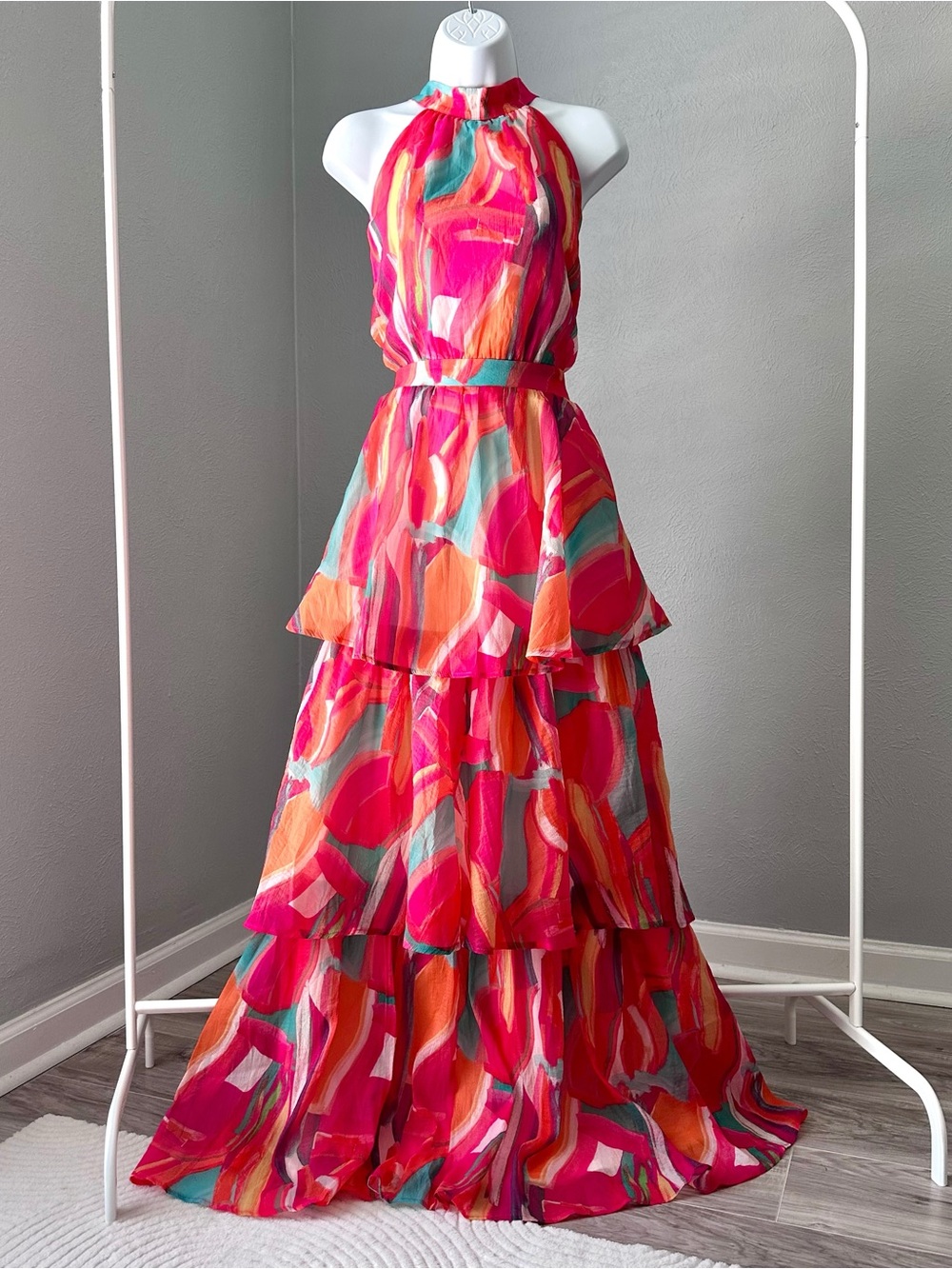 Vibrant Abstract Tiered Halter Maxi Dress - Picture 1 of 7